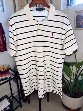 Ralph Lauren White Polo with Navy Stripes and Red Pony